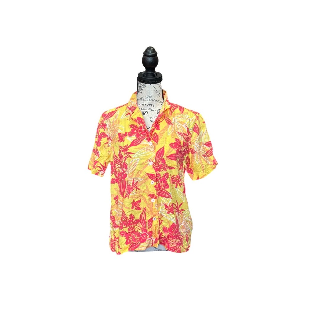 Erika Womens Yellow Pink Floral Tropical Cotton Rayon Button Up Shirt Size‎ M